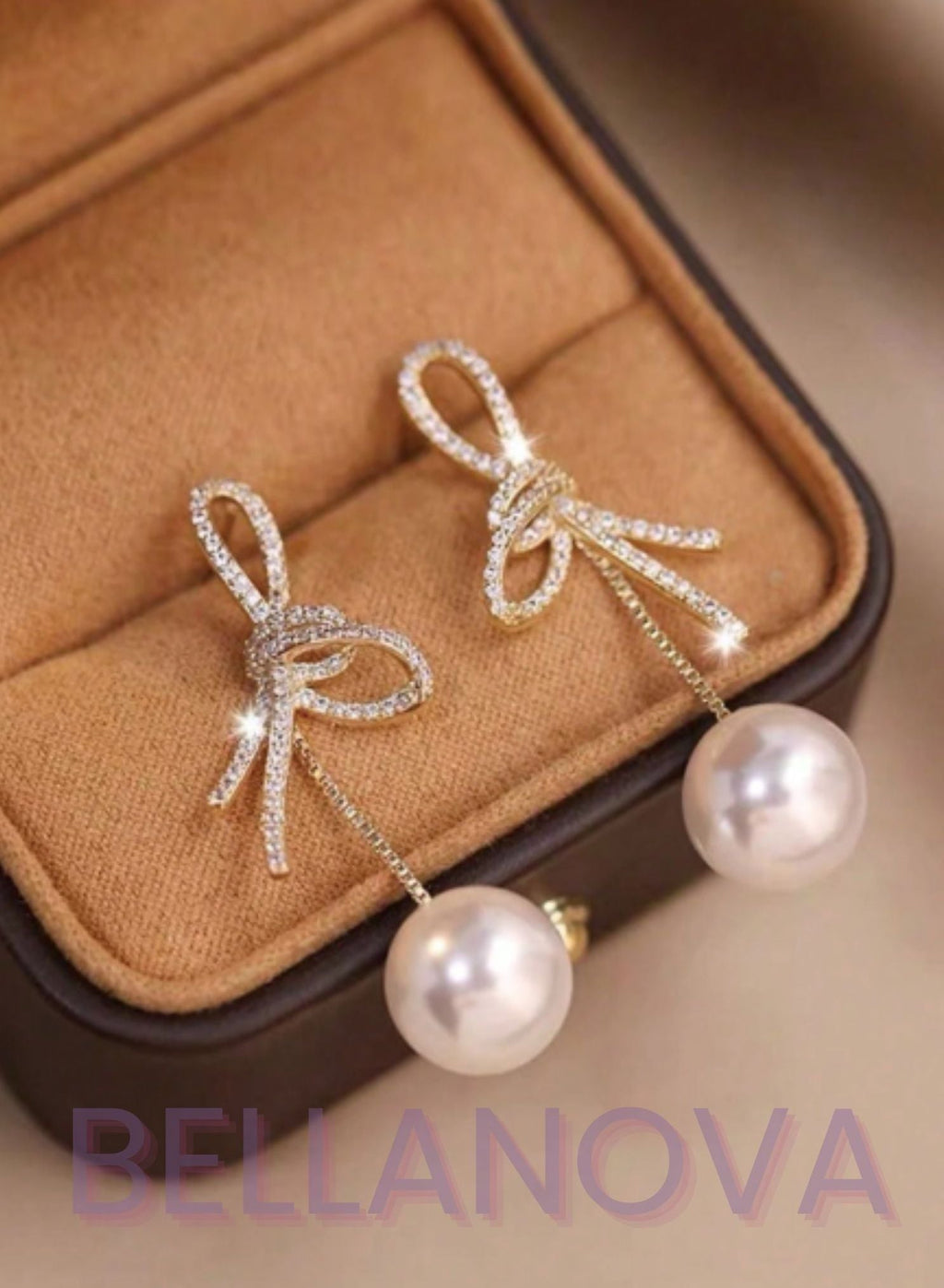 Virginia 18k Gold-Plated Bow & Cubic Zirconia Pearl Earrings + FREE UK Delivery
