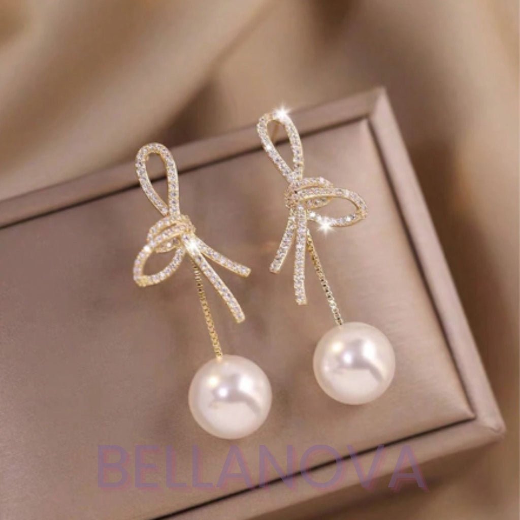 Virginia 18k Gold-Plated Bow & Cubic Zirconia Pearl Earrings + FREE UK Delivery