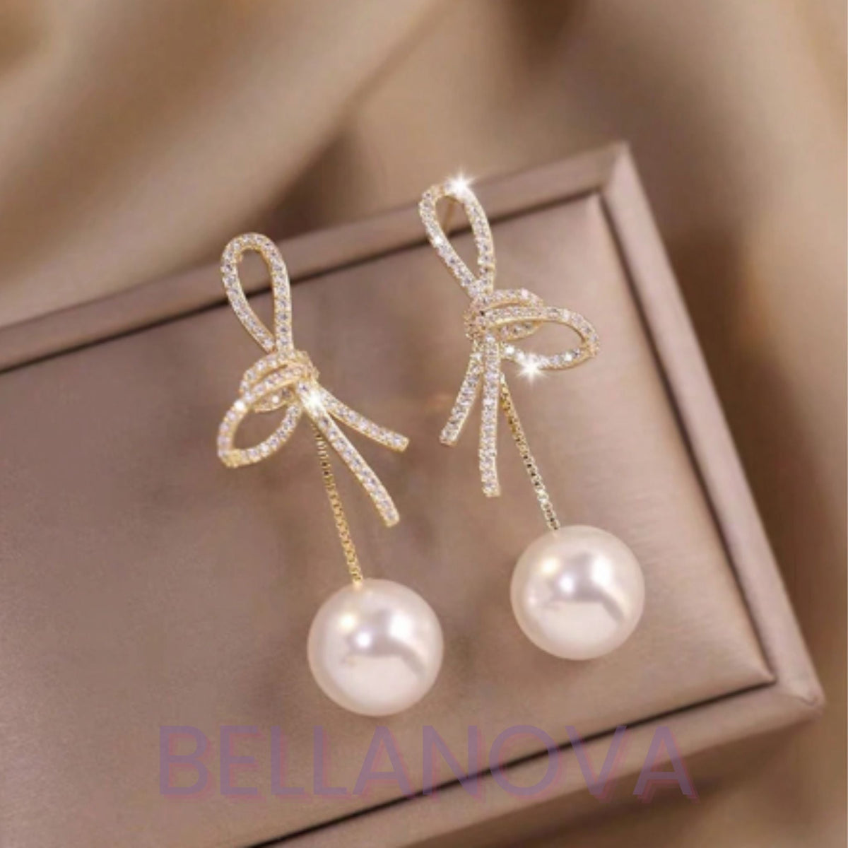 Virginia 18k Gold-Plated Bow & Cubic Zirconia Pearl Earrings + FREE UK Delivery